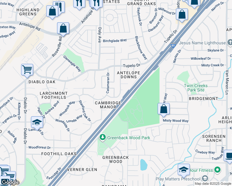 map of restaurants, bars, coffee shops, grocery stores, and more near 7116 Parkvale Way in Citrus Heights