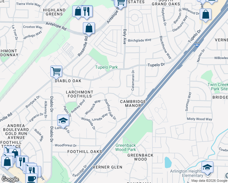 map of restaurants, bars, coffee shops, grocery stores, and more near 7036 Catamaran Drive in Citrus Heights
