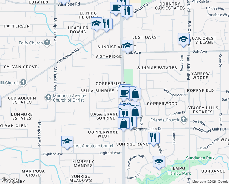 map of restaurants, bars, coffee shops, grocery stores, and more near 7100 Geowood Way in Citrus Heights