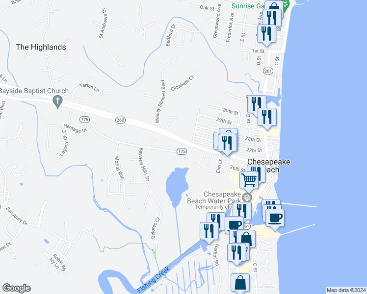 map of restaurants, bars, coffee shops, grocery stores, and more near 3548 Cox Road in Chesapeake Beach