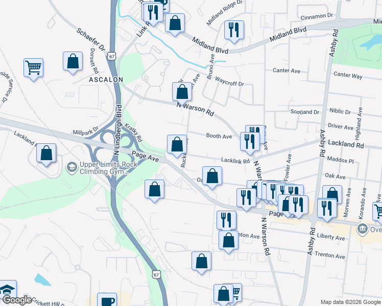 map of restaurants, bars, coffee shops, grocery stores, and more near 10842 Lacklink Road in St. Louis