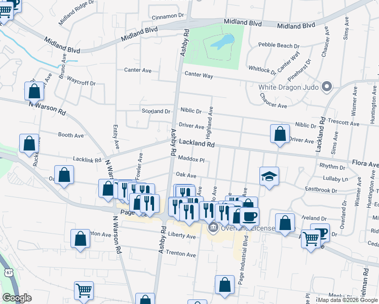 map of restaurants, bars, coffee shops, grocery stores, and more near 10404 Maddox Place in Overland