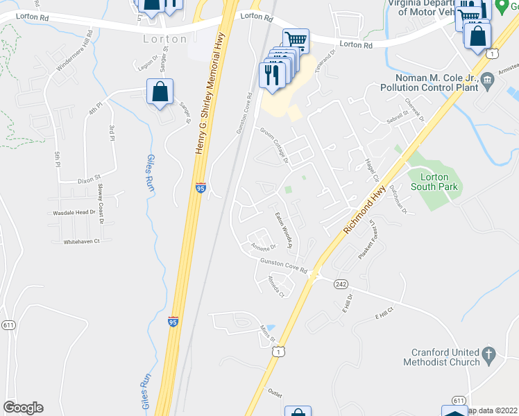 map of restaurants, bars, coffee shops, grocery stores, and more near 9686 Potters Hill Circle in Lorton