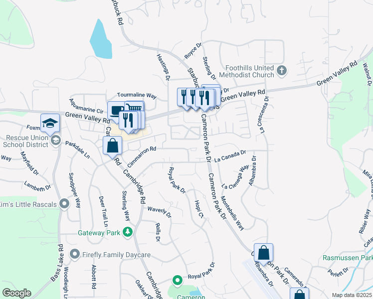 map of restaurants, bars, coffee shops, grocery stores, and more near 3345 La Canada Drive in Cameron Park
