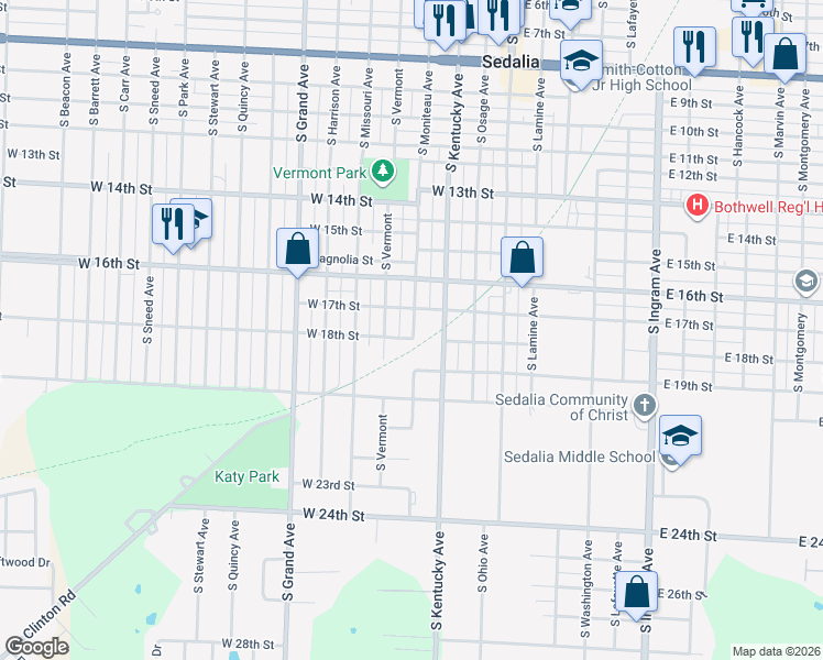 map of restaurants, bars, coffee shops, grocery stores, and more near in Sedalia