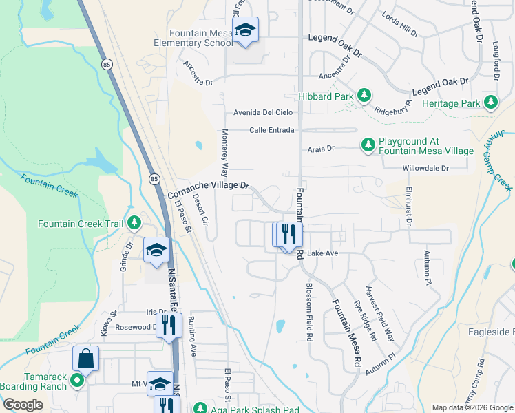 map of restaurants, bars, coffee shops, grocery stores, and more near 6852 Fountain Ridge Circle in Fountain