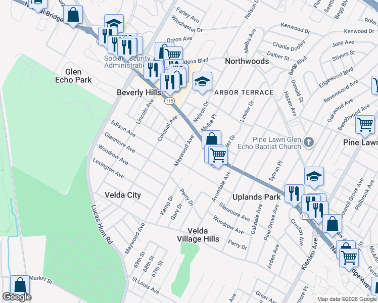map of restaurants, bars, coffee shops, grocery stores, and more near 3513 Belaire Place in St. Louis