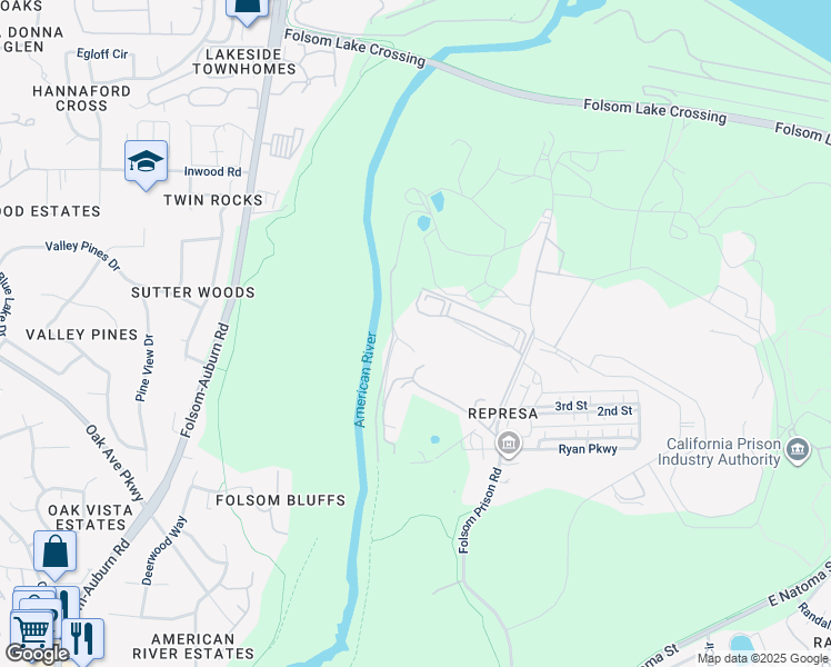 map of restaurants, bars, coffee shops, grocery stores, and more near 300 Folsom Prison Road in Folsom