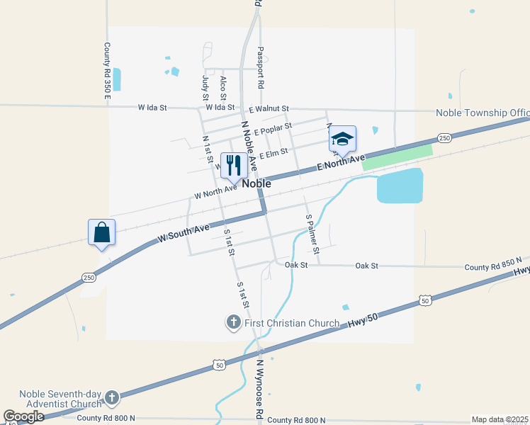 map of restaurants, bars, coffee shops, grocery stores, and more near Ruta de Illinois 250 in Noble
