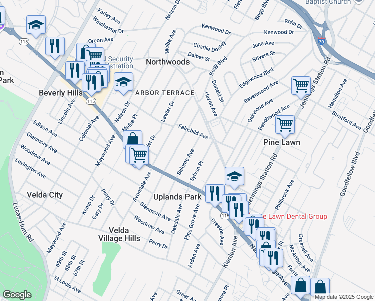 map of restaurants, bars, coffee shops, grocery stores, and more near 3717 Salome Avenue in St. Louis