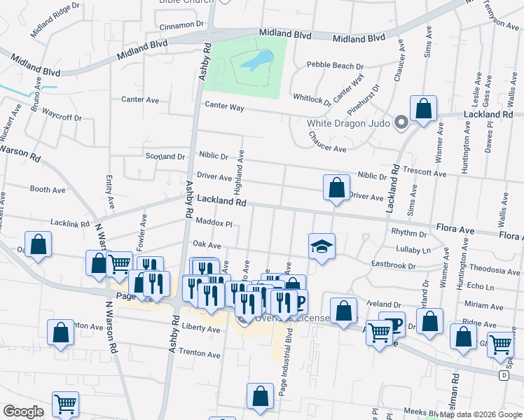 map of restaurants, bars, coffee shops, grocery stores, and more near 1952 Korando Avenue in Overland