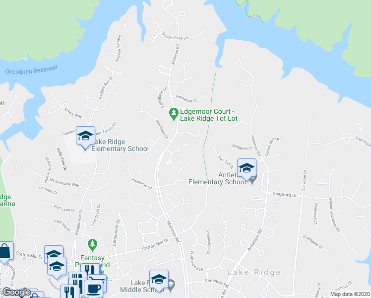 map of restaurants, bars, coffee shops, grocery stores, and more near 11321 Cromwell Court in Woodbridge