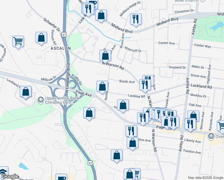 map of restaurants, bars, coffee shops, grocery stores, and more near 10842 Lacklink Road in St. Louis