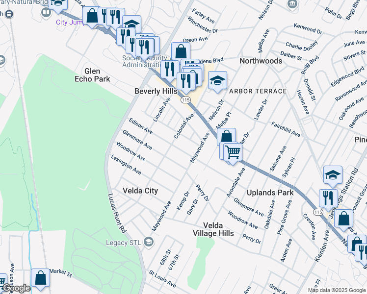 map of restaurants, bars, coffee shops, grocery stores, and more near 6935 Edison Avenue in Saint Louis