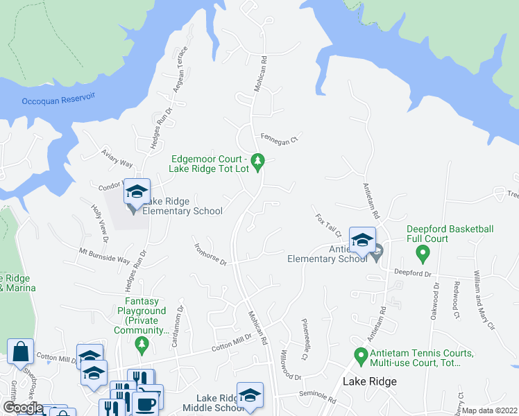 map of restaurants, bars, coffee shops, grocery stores, and more near 11336 Cromwell Court in Woodbridge