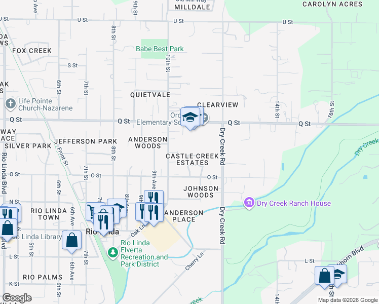 map of restaurants, bars, coffee shops, grocery stores, and more near 1040 Q Street in Rio Linda