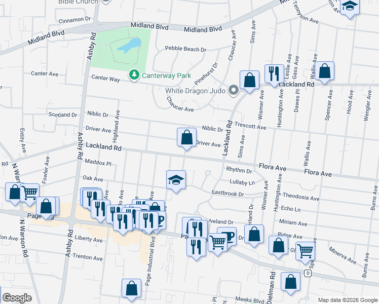 map of restaurants, bars, coffee shops, grocery stores, and more near 10212 Driver Avenue in Overland