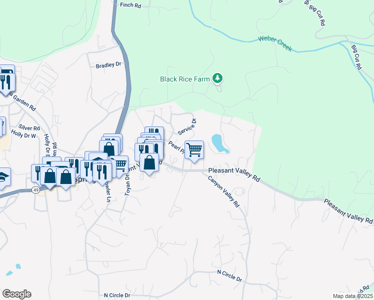 map of restaurants, bars, coffee shops, grocery stores, and more near 610 Pearl Place in Diamond Springs