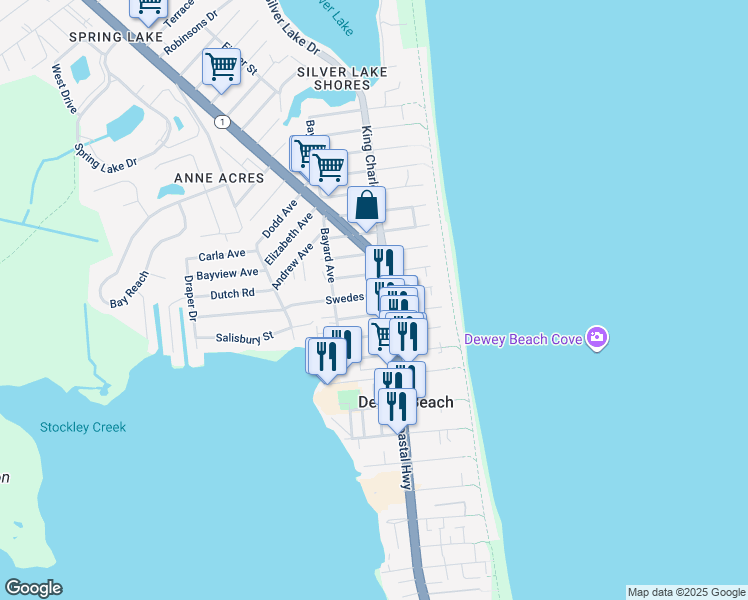 map of restaurants, bars, coffee shops, grocery stores, and more near 112 Clayton Street in Dewey Beach