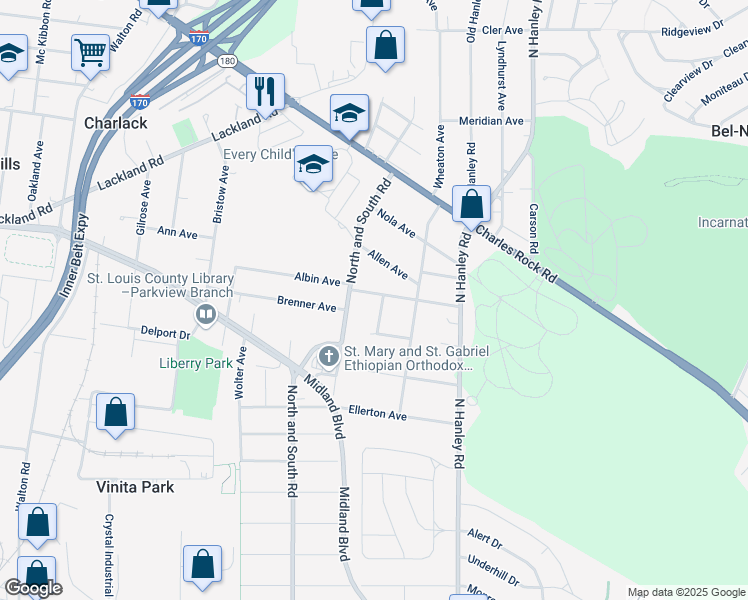 map of restaurants, bars, coffee shops, grocery stores, and more near 8126 Albin Avenue in St. Louis