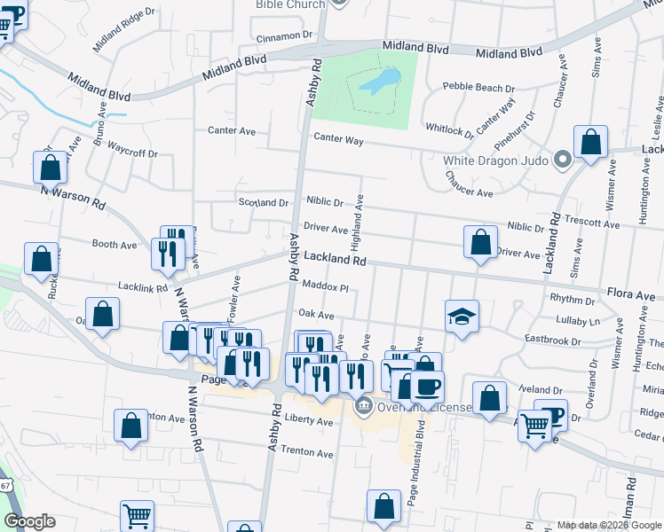 map of restaurants, bars, coffee shops, grocery stores, and more near 10417 Lackland Road in Overland