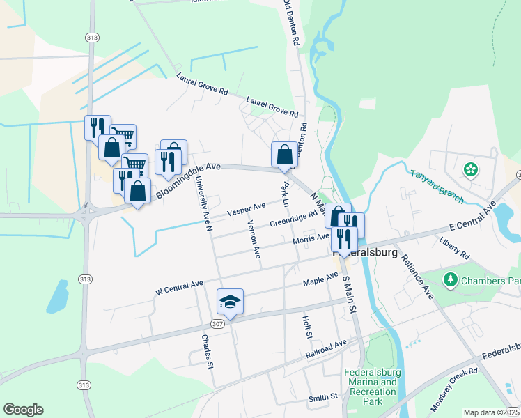 map of restaurants, bars, coffee shops, grocery stores, and more near 214 Vesper Avenue in Federalsburg