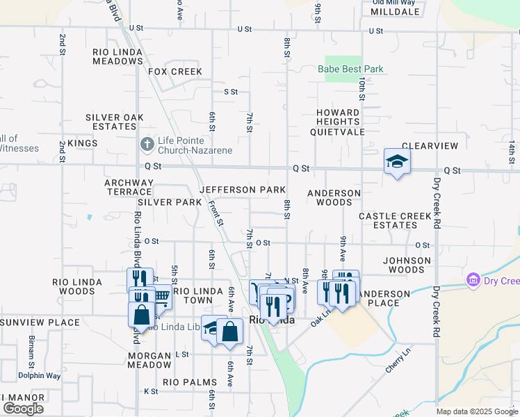 map of restaurants, bars, coffee shops, grocery stores, and more near 725 Quebec Way in Rio Linda