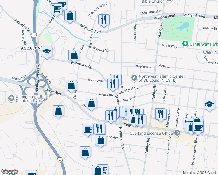 map of restaurants, bars, coffee shops, grocery stores, and more near 2129 North Warson Road in St. Louis