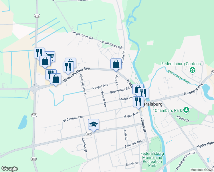 map of restaurants, bars, coffee shops, grocery stores, and more near 214 Vesper Avenue in Federalsburg