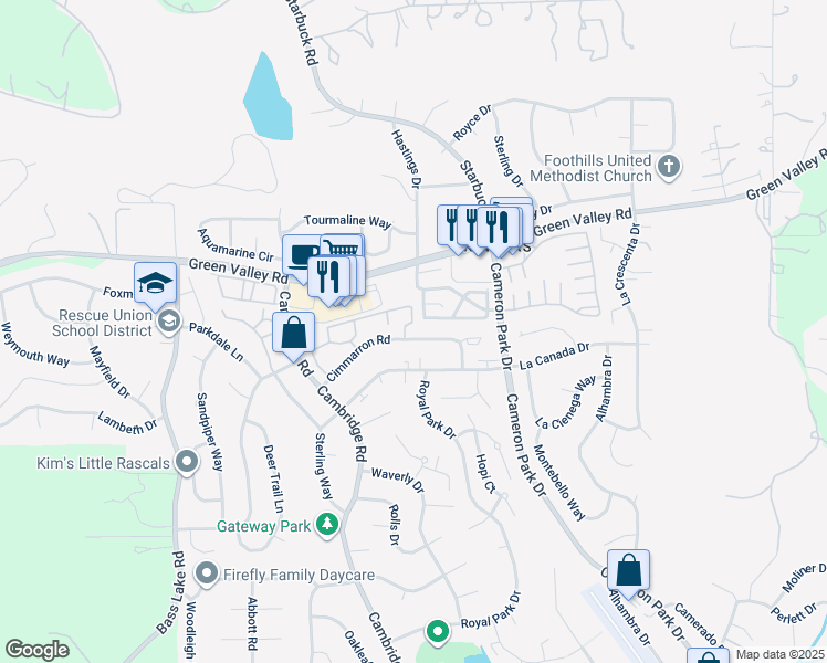 map of restaurants, bars, coffee shops, grocery stores, and more near 3301 Cimmarron Road in Cameron Park
