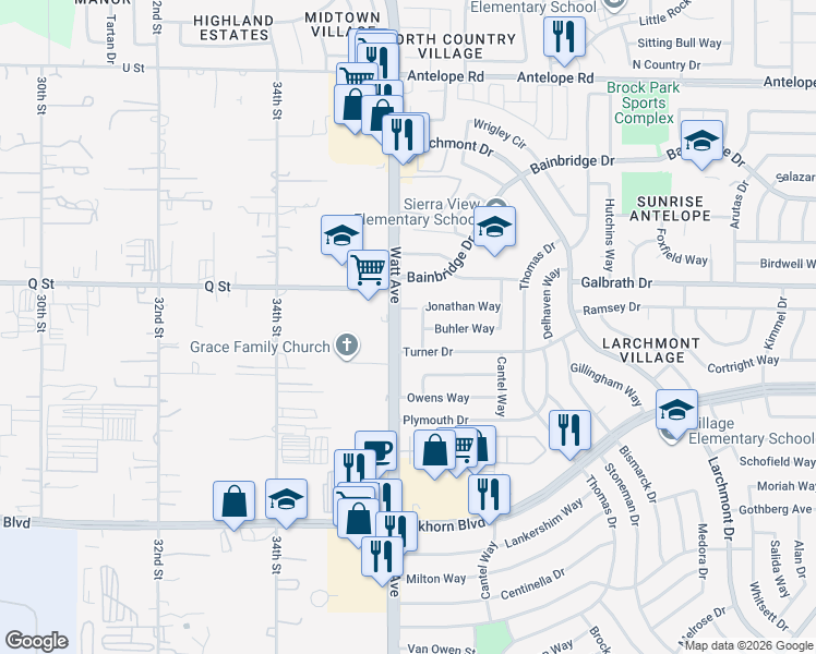 map of restaurants, bars, coffee shops, grocery stores, and more near 7145 Watt Avenue in North Highlands