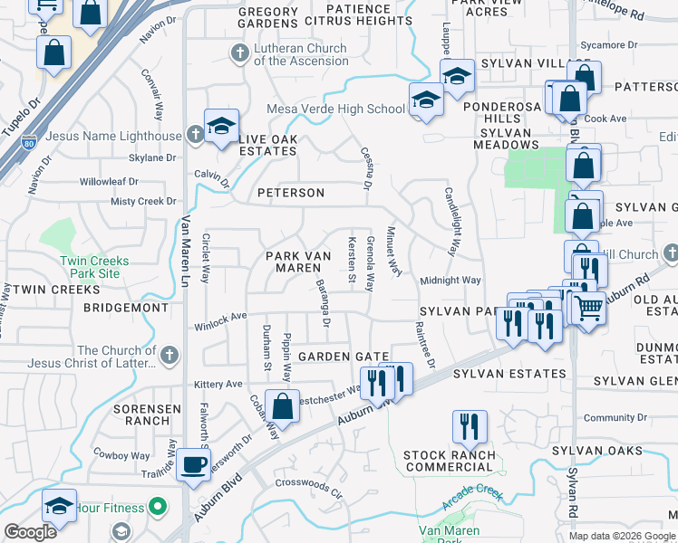 map of restaurants, bars, coffee shops, grocery stores, and more near 4046 Fresno Court in Citrus Heights
