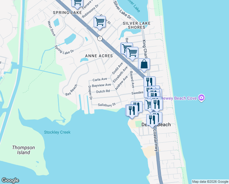map of restaurants, bars, coffee shops, grocery stores, and more near 300 Bayview Avenue in Rehoboth Beach