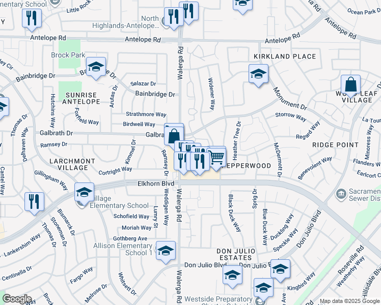 map of restaurants, bars, coffee shops, grocery stores, and more near 4350 Galbrath Drive in Sacramento