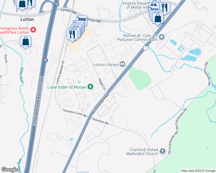 map of restaurants, bars, coffee shops, grocery stores, and more near 9909 Hagel Circle in Lorton