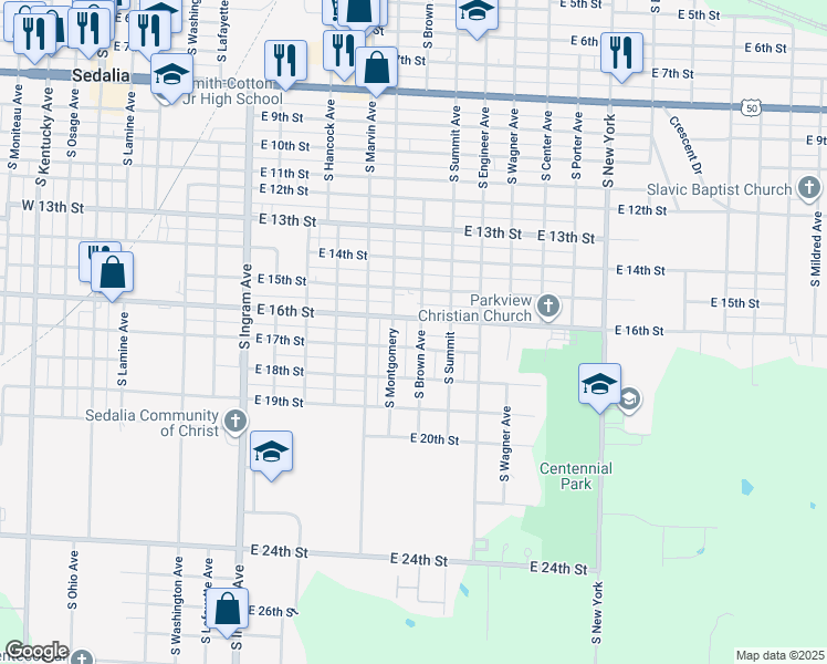 map of restaurants, bars, coffee shops, grocery stores, and more near 1551-1599 South Brown in Sedalia