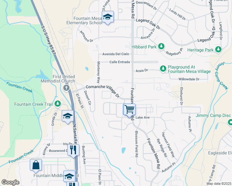 map of restaurants, bars, coffee shops, grocery stores, and more near 522 Comanche Village Drive in Fountain
