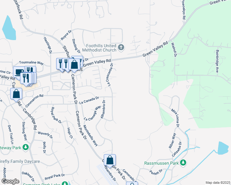 map of restaurants, bars, coffee shops, grocery stores, and more near 2731 La Crescenta Drive in Cameron Park