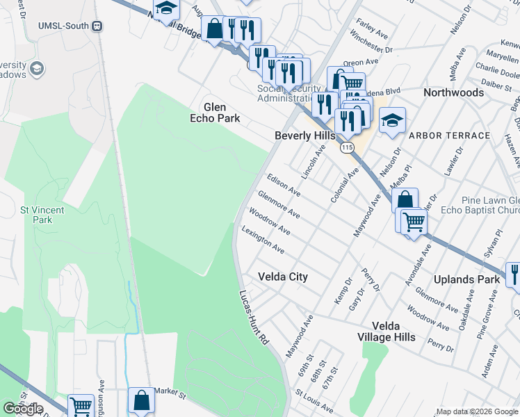 map of restaurants, bars, coffee shops, grocery stores, and more near 3246 Lucas and Hunt Road in St. Louis