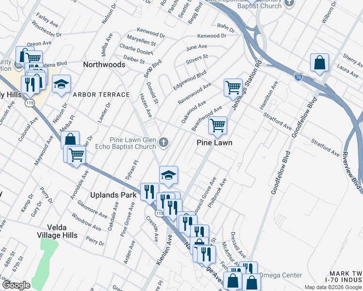 map of restaurants, bars, coffee shops, grocery stores, and more near 4111 Beachwood Avenue in St. Louis