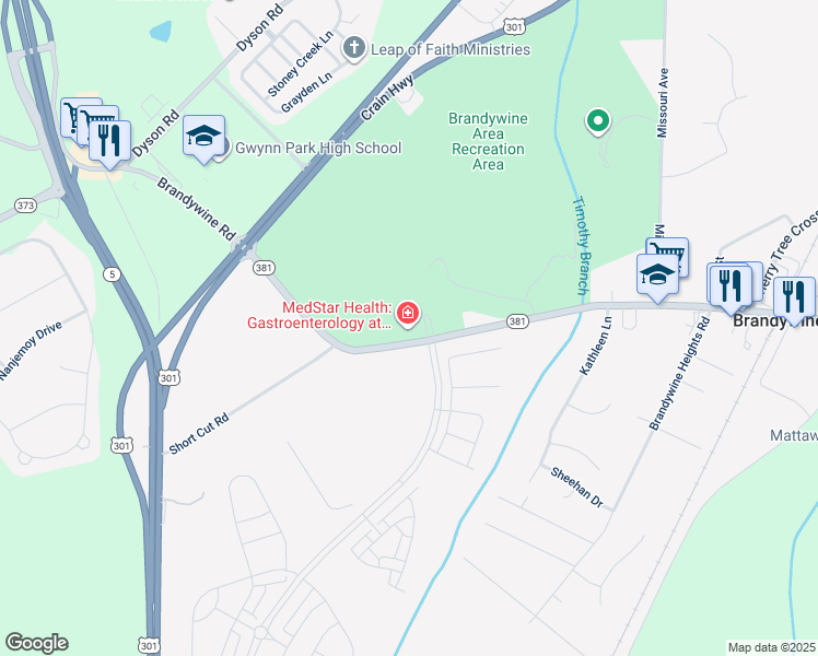 map of restaurants, bars, coffee shops, grocery stores, and more near 13950 Brandywine Road in Brandywine