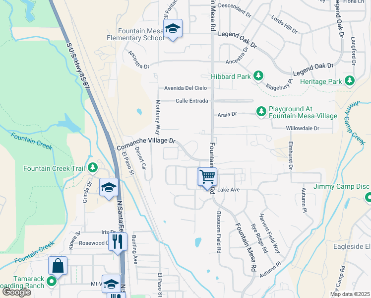 map of restaurants, bars, coffee shops, grocery stores, and more near 506 Comanche Village Drive in Fountain