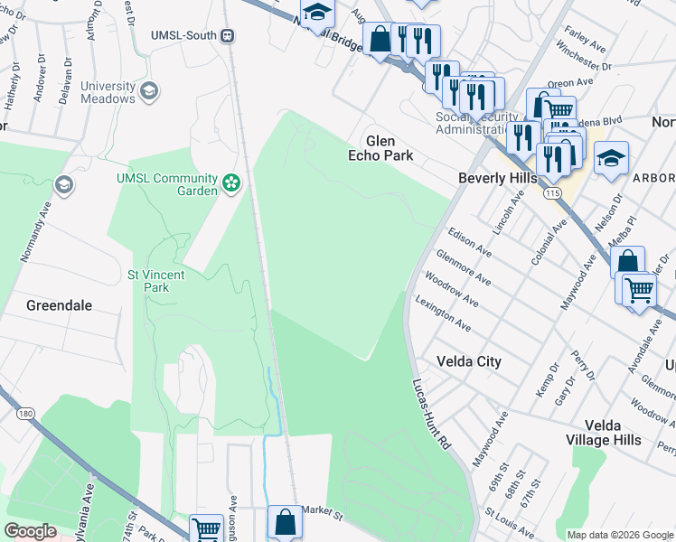 map of restaurants, bars, coffee shops, grocery stores, and more near 3401 Lucas and Hunt Road in St. Louis