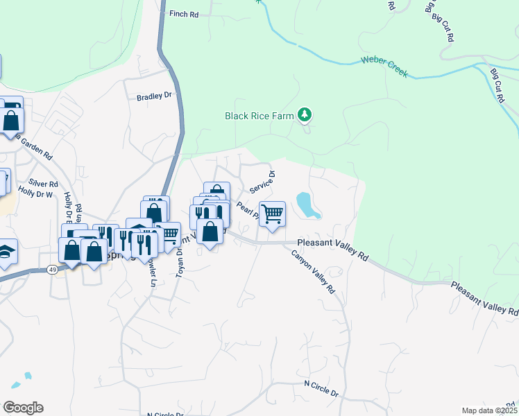map of restaurants, bars, coffee shops, grocery stores, and more near 634 Pearl Place in Diamond Springs