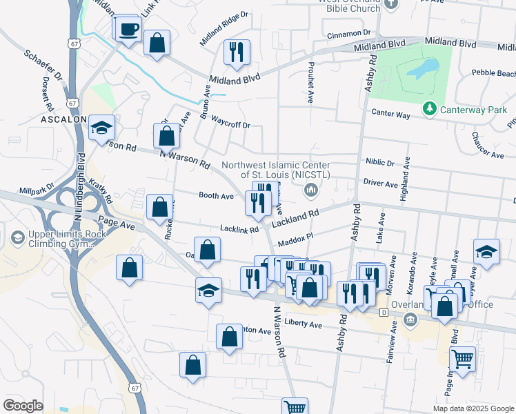map of restaurants, bars, coffee shops, grocery stores, and more near 2130 North Warson Road in St. Louis