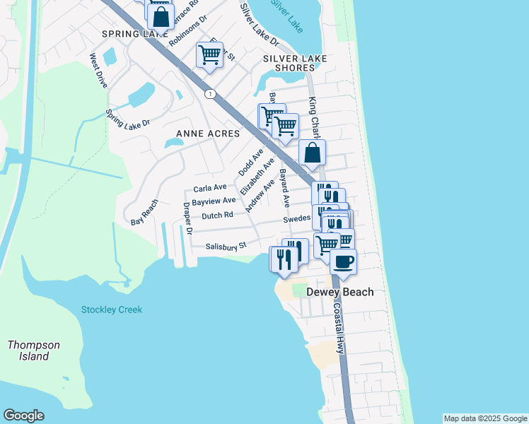 map of restaurants, bars, coffee shops, grocery stores, and more near 227 Swedes Street in Dewey Beach