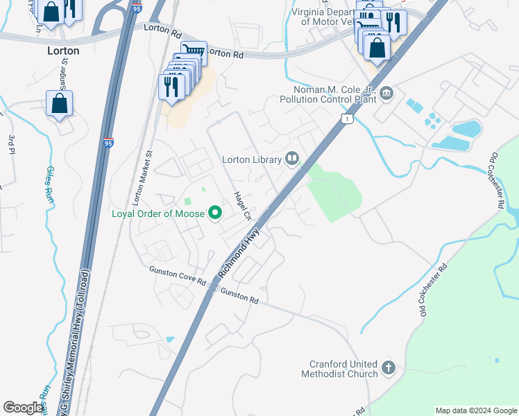 map of restaurants, bars, coffee shops, grocery stores, and more near 9902 Hagel Circle in Lorton