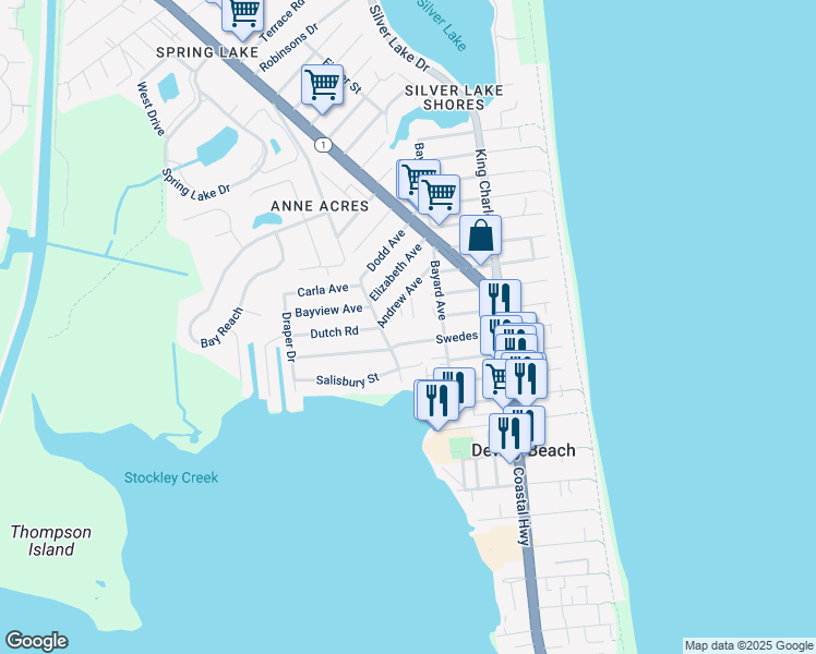 map of restaurants, bars, coffee shops, grocery stores, and more near 227 Swedes Street in Dewey Beach