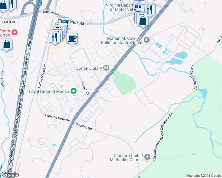 map of restaurants, bars, coffee shops, grocery stores, and more near 7710 Baird Court in Lorton
