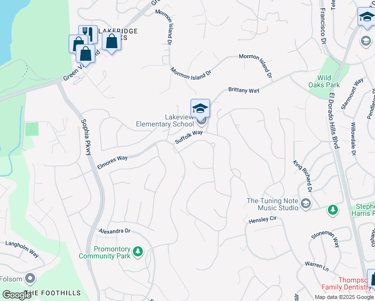 map of restaurants, bars, coffee shops, grocery stores, and more near 2630 Giorno Way in El Dorado Hills